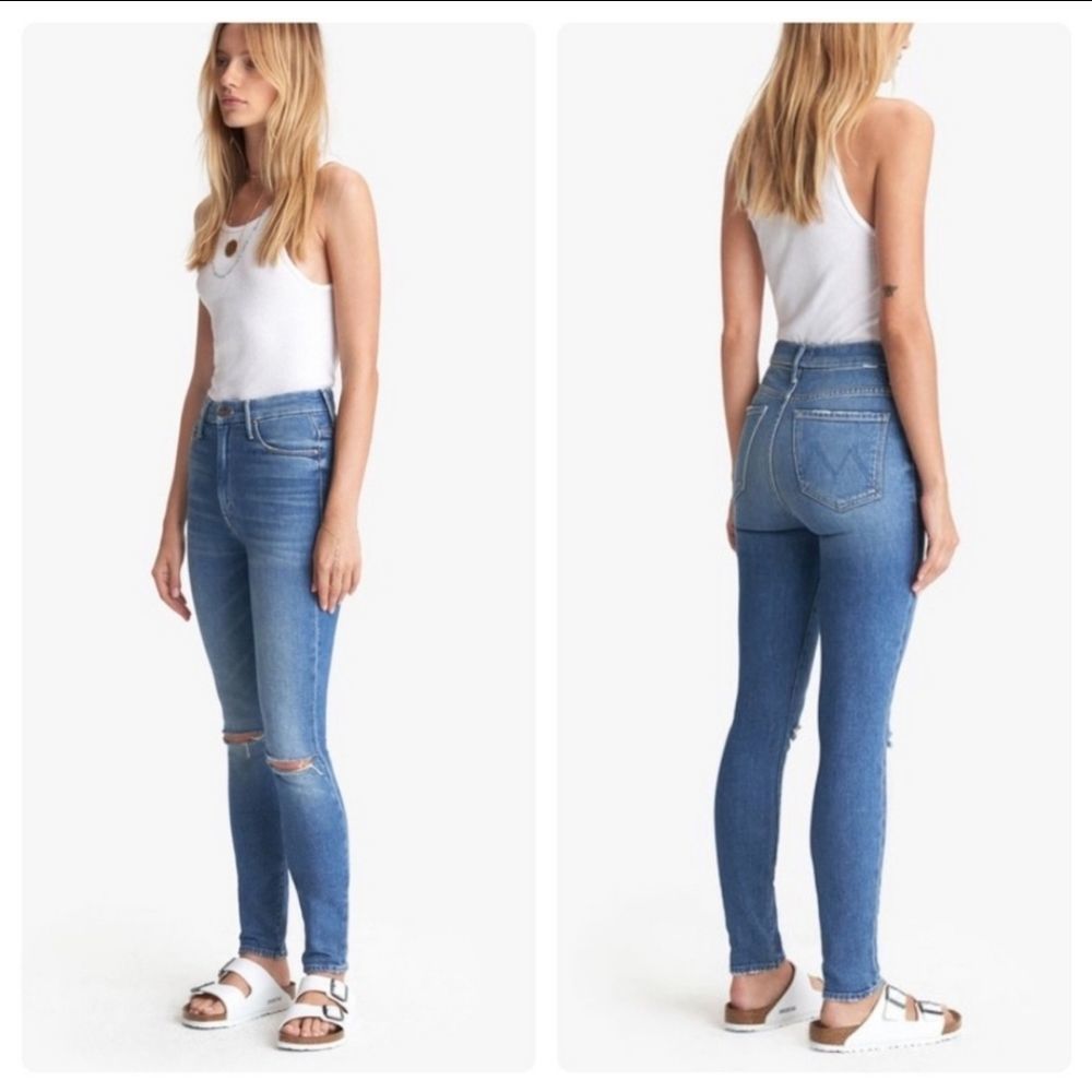 MOTHER High Waisted Looker Ankle Skinny Jeans Gold Rush Baby, Distressed | 30